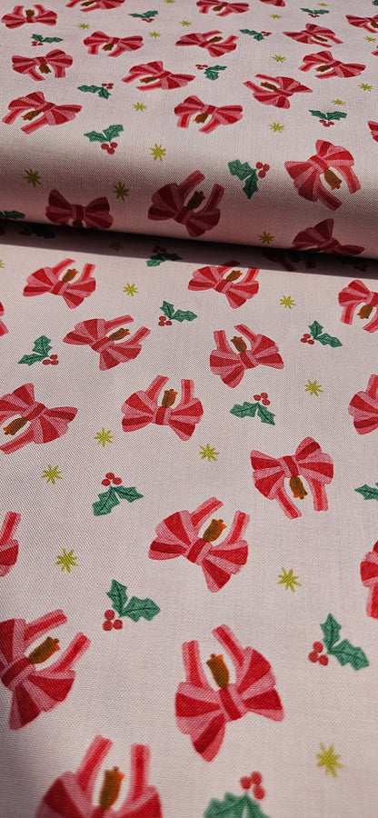 Lewis & Irene Bows & Bells – Candy Cane Cotton Fabric – Merry Happy Christmas by Bluebellgray | 100% Premium Quilting Cotton