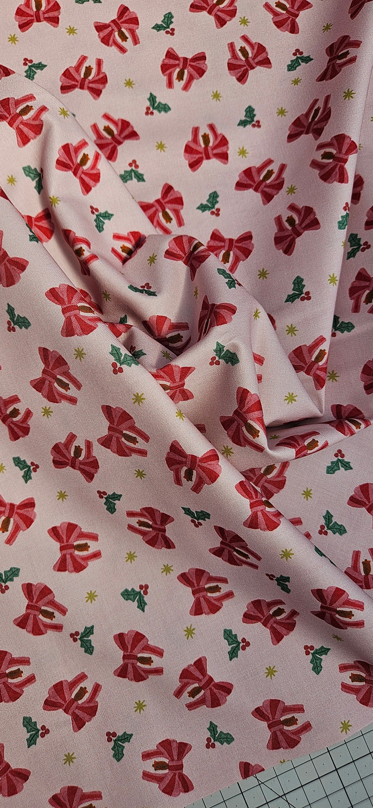 Lewis & Irene Bows & Bells – Candy Cane Cotton Fabric – Merry Happy Christmas by Bluebellgray | 100% Premium Quilting Cotton