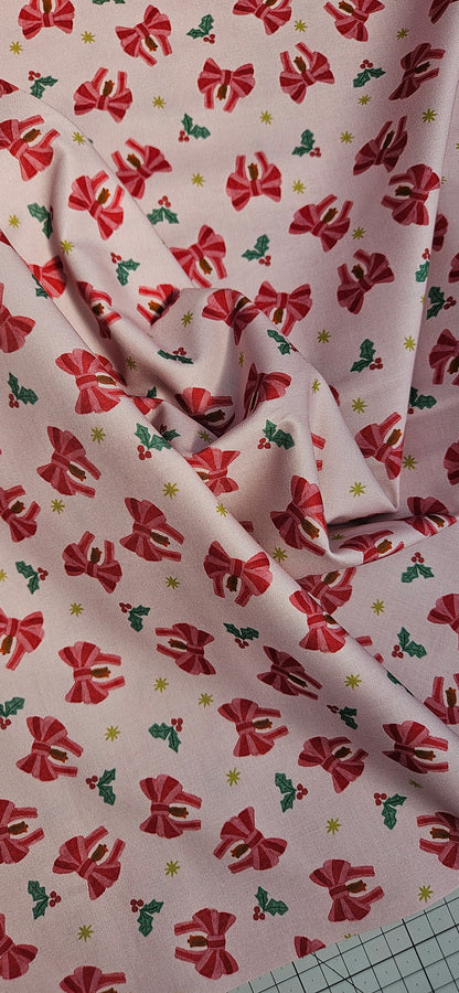 Lewis & Irene Bows & Bells – Candy Cane Cotton Fabric – Merry Happy Christmas by Bluebellgray | 100% Premium Quilting Cotton