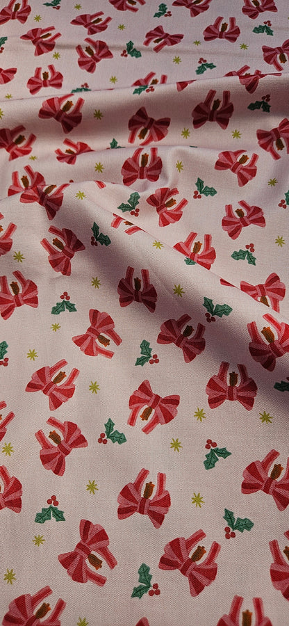 Lewis & Irene Bows & Bells – Candy Cane Cotton Fabric – Merry Happy Christmas by Bluebellgray | 100% Premium Quilting Cotton