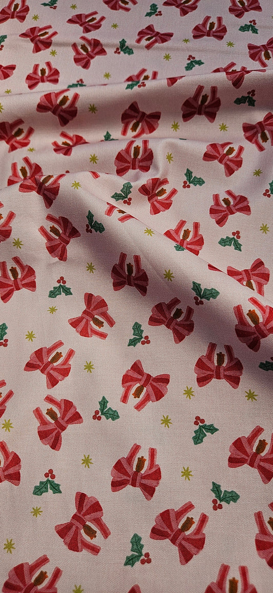 Lewis & Irene Bows & Bells – Candy Cane Cotton Fabric – Merry Happy Christmas by Bluebellgray | 100% Premium Quilting Cotton