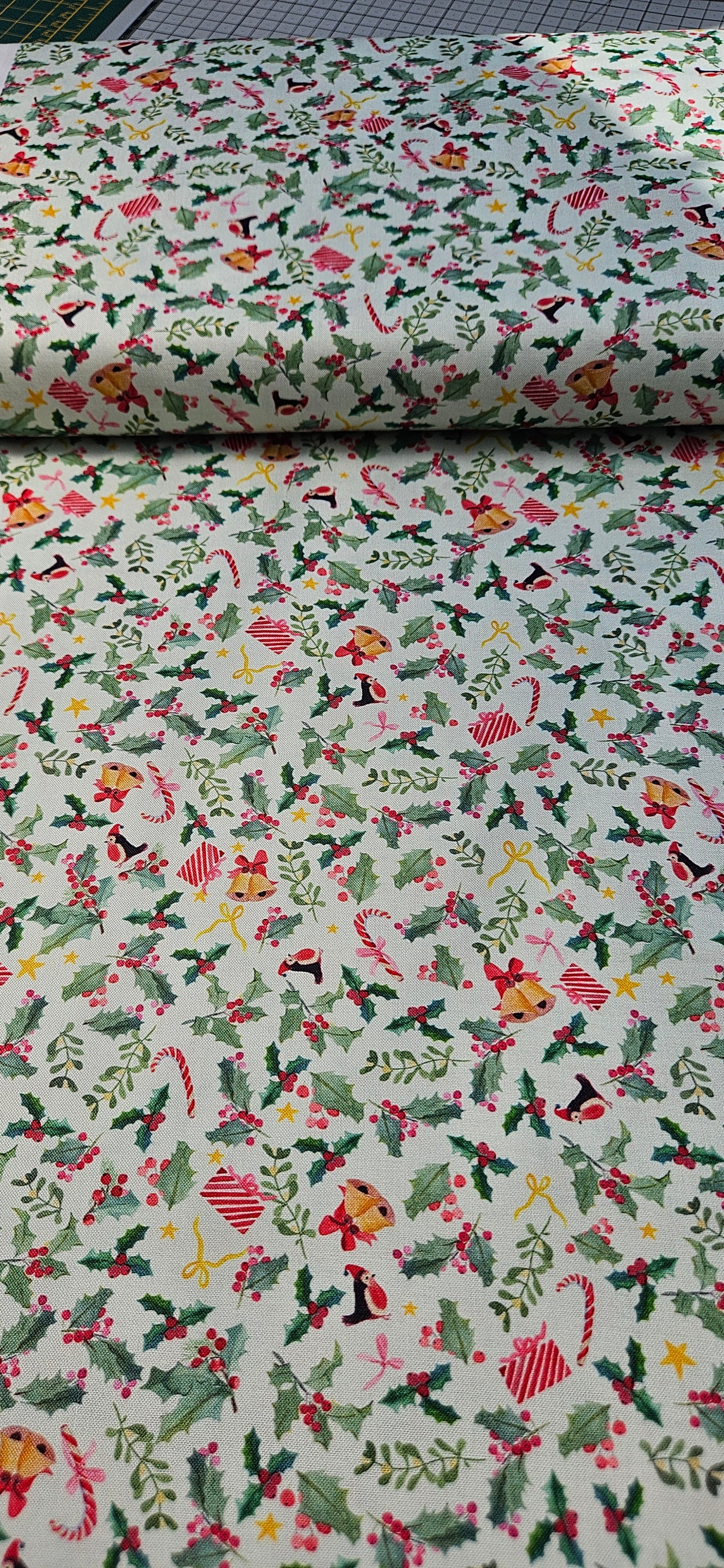 Lewis & Irene Holly Jolly on Pistachio Cotton Fabric – Merry Happy Christmas by Bluebellgray | 100% Premium Quilting Cotton
