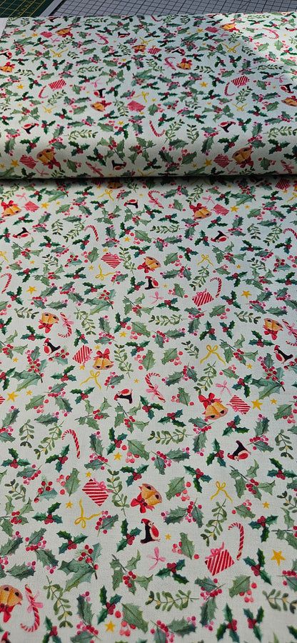 Lewis & Irene Holly Jolly on Pistachio Cotton Fabric – Merry Happy Christmas by Bluebellgray | 100% Premium Quilting Cotton