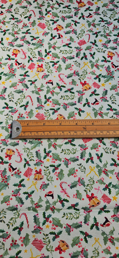 Lewis & Irene Holly Jolly on Pistachio Cotton Fabric – Merry Happy Christmas by Bluebellgray | 100% Premium Quilting Cotton