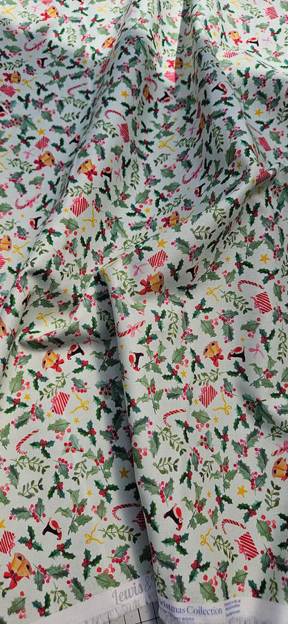 Lewis & Irene Holly Jolly on Pistachio Cotton Fabric – Merry Happy Christmas by Bluebellgray | 100% Premium Quilting Cotton