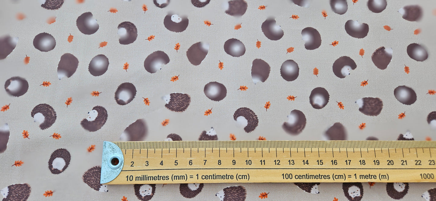 Lewis & Irene Hedgehogs on Light Brown Cotton Fabric – Woodland Quilting Fabric | 100% Premium Cotton