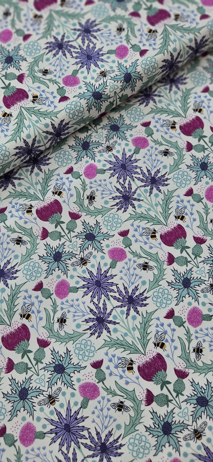 Lewis & Irene Cotton Fabric -Celtic Summers - Mirrored Thistle and Bee on Cream