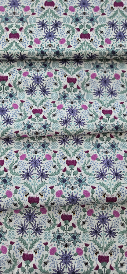 Lewis & Irene Cotton Fabric -Celtic Summers - Mirrored Thistle and Bee on Cream