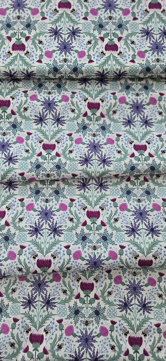 Lewis & Irene Cotton Fabric -Celtic Summers - Mirrored Thistle and Bee on Cream