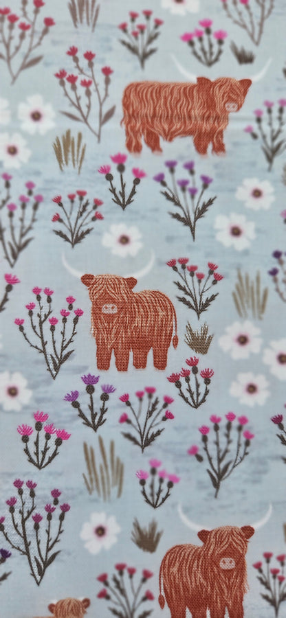 Lewis & Irene Cotton Fabric -Celtic Summers Summer Meadow Highland Cows on Breezy Blue