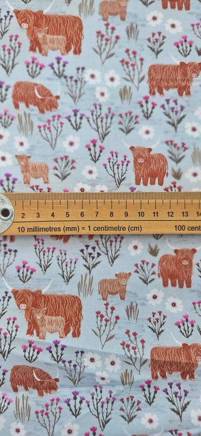 Lewis & Irene Cotton Fabric -Celtic Summers Summer Meadow Highland Cows on Breezy Blue