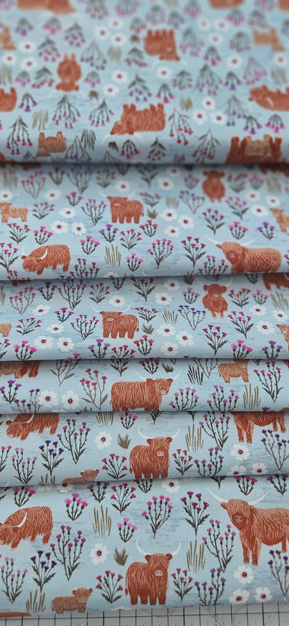 Lewis & Irene Cotton Fabric -Celtic Summers Summer Meadow Highland Cows on Breezy Blue