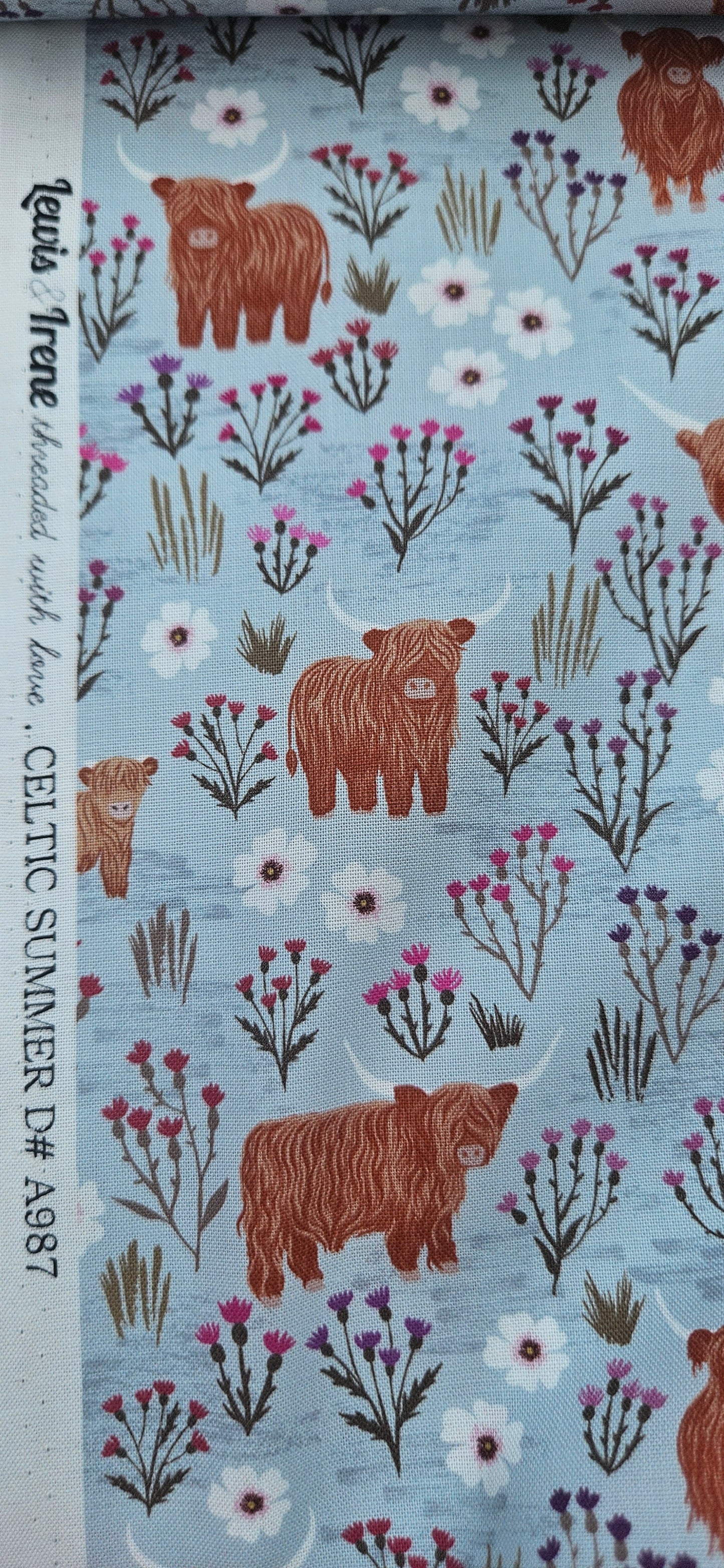 Lewis & Irene Cotton Fabric -Celtic Summers Summer Meadow Highland Cows on Breezy Blue