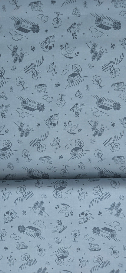 Lewis & Irene Duck Egg Croft premium quilting cotton fabric featuring a countryside-inspired design on a soft duck egg background.