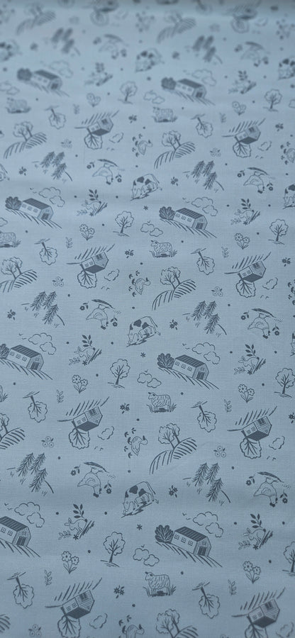 Lewis & Irene Duck Egg Croft premium quilting cotton fabric featuring a countryside-inspired design on a soft duck egg background.