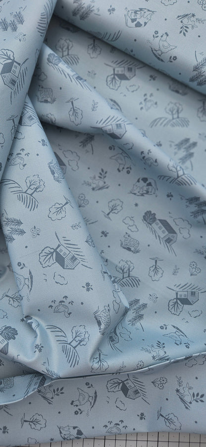 Lewis & Irene Duck Egg Croft premium quilting cotton fabric featuring a countryside-inspired design on a soft duck egg background.