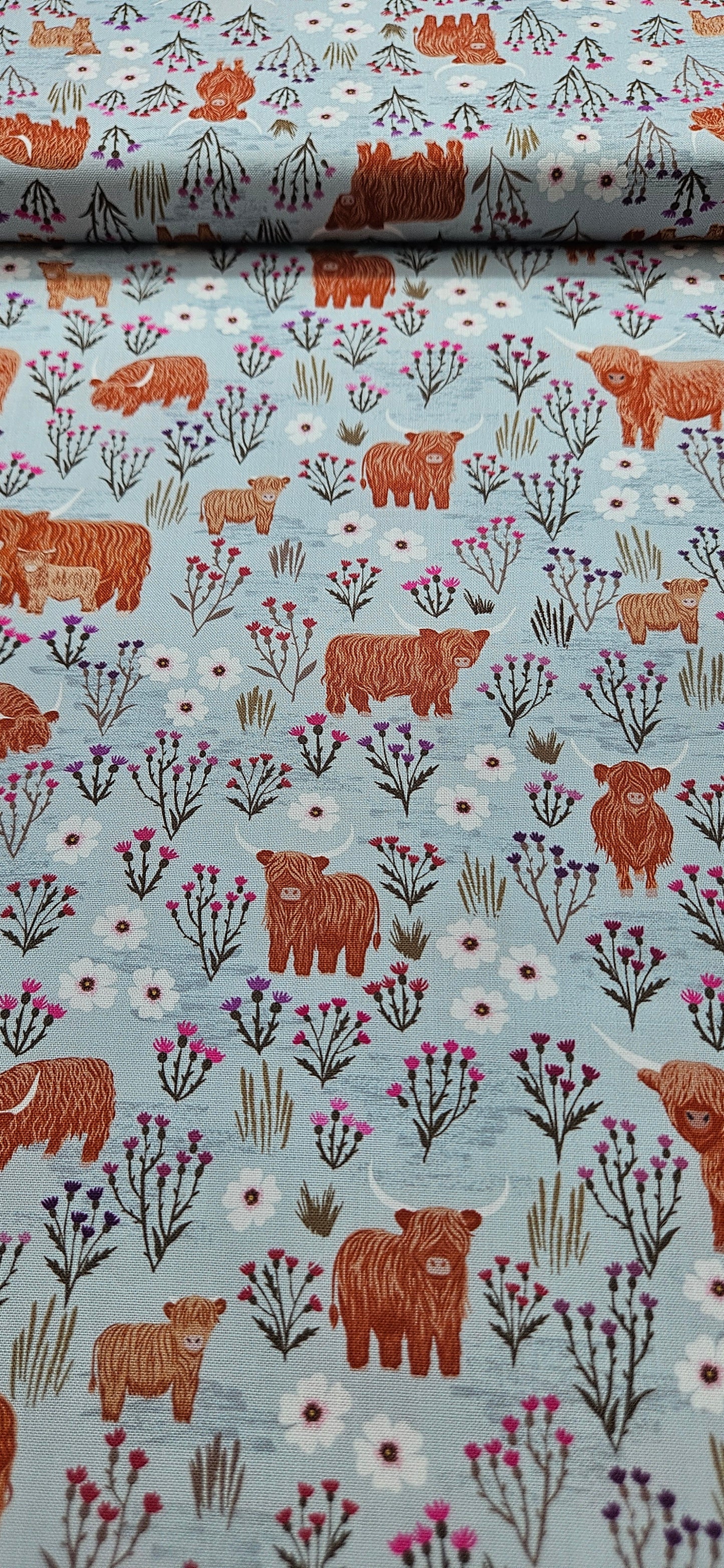 Lewis & Irene Cotton Fabric -Celtic Summers Summer Meadow Highland Cows on Breezy Blue