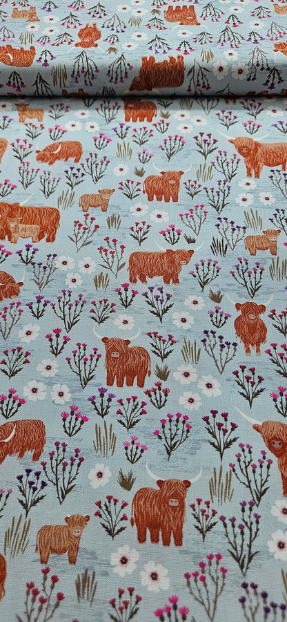 Lewis & Irene Cotton Fabric -Celtic Summers Summer Meadow Highland Cows on Breezy Blue