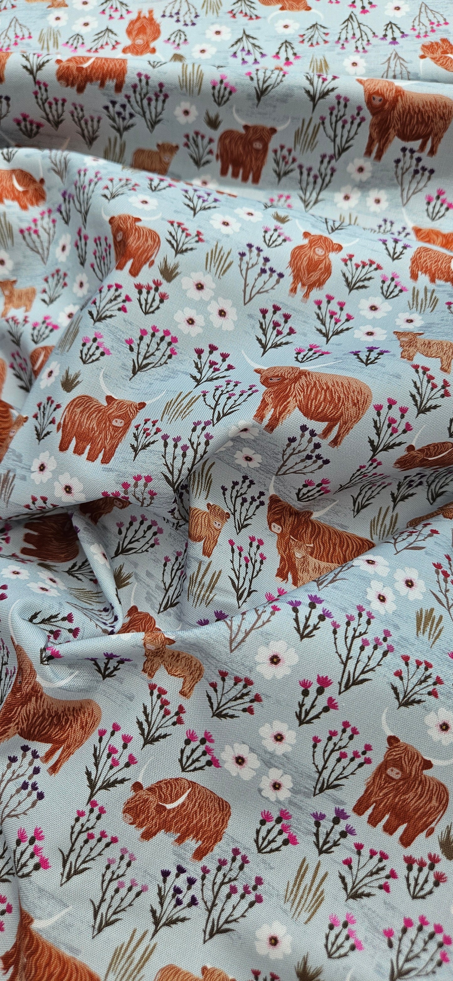 Lewis & Irene Cotton Fabric -Celtic Summers Summer Meadow Highland Cows on Breezy Blue