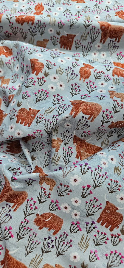 Lewis & Irene Cotton Fabric -Celtic Summers Summer Meadow Highland Cows on Breezy Blue