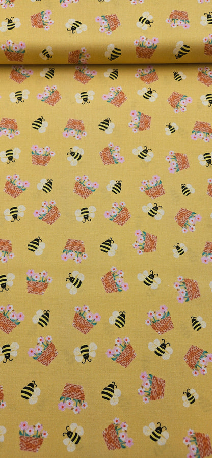 Lewis & Irene Cotton Fabric - Flower Market Collection - Flower Baskets Honey