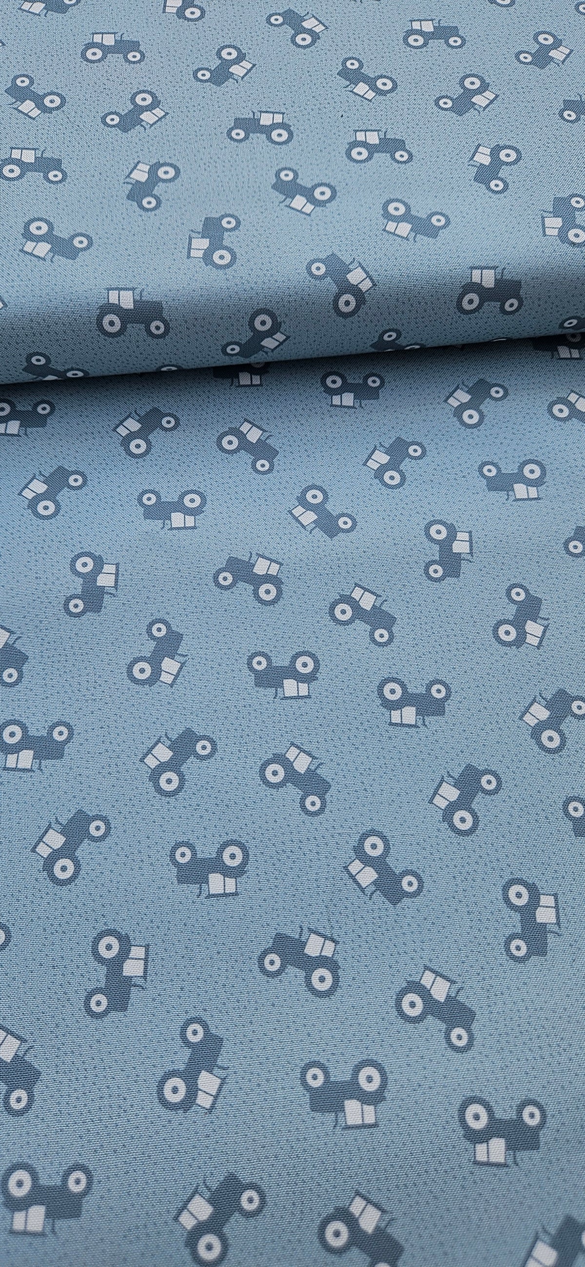 Lewis & Irene Country Croft Tractors on Duck Egg – Children's Quilting Cotton
