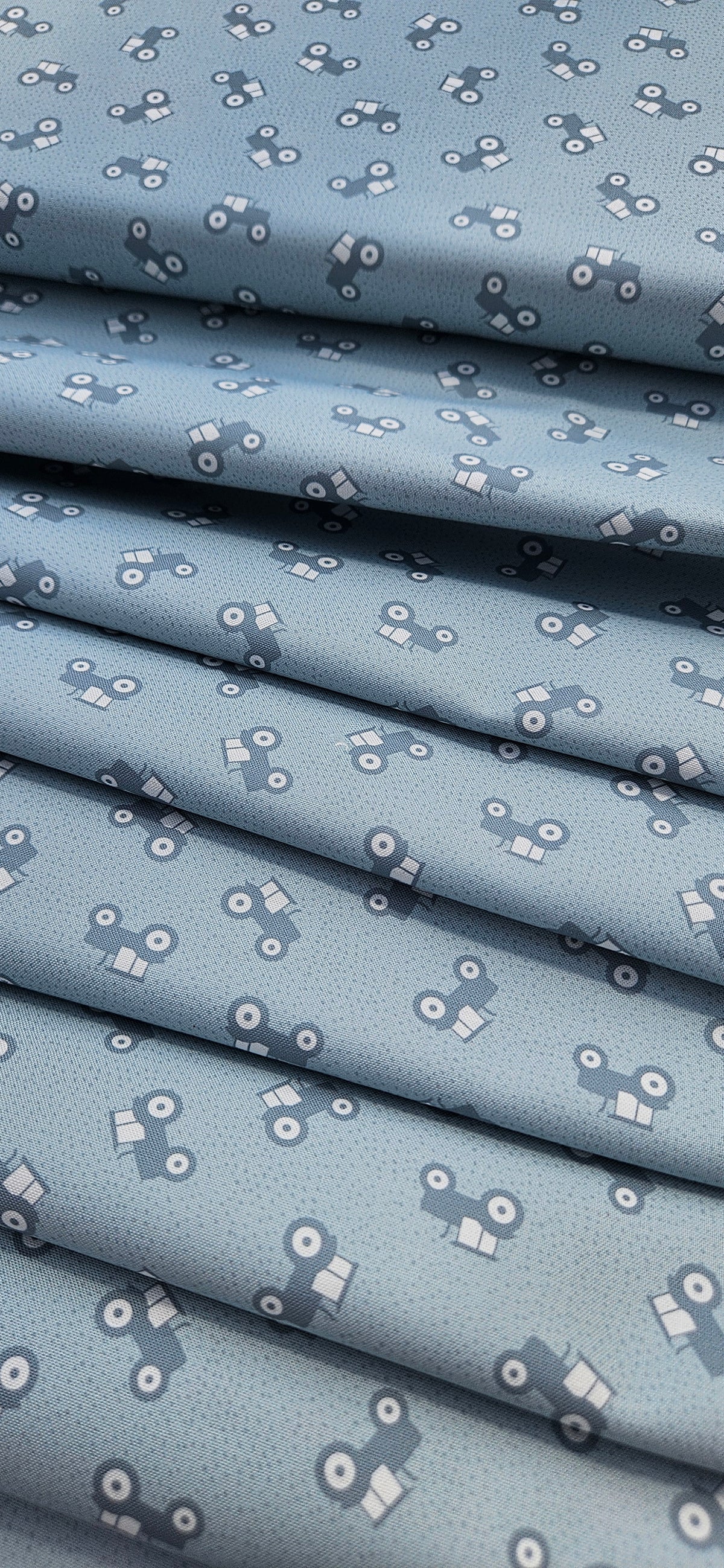 Lewis & Irene Country Croft Tractors on Duck Egg – Children's Quilting Cotton
