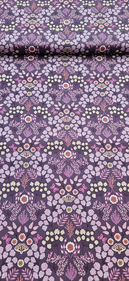 Lewis & Irene Jardin d'Automne Floral Butterfly on Dark Purple Cotton Fabric | 100% Premium Quilting Fabric