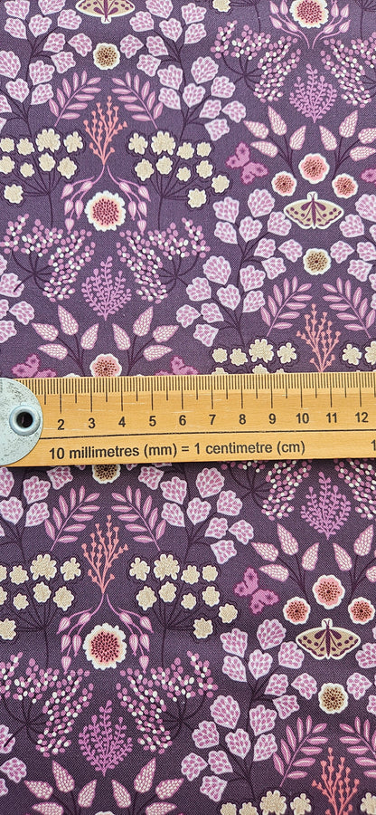 Lewis & Irene Jardin d'Automne Floral Butterfly on Dark Purple Cotton Fabric | 100% Premium Quilting Fabric