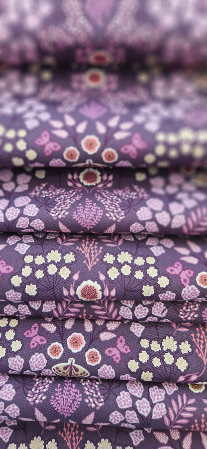 Lewis & Irene Jardin d'Automne Floral Butterfly on Dark Purple Cotton Fabric | 100% Premium Quilting Fabric