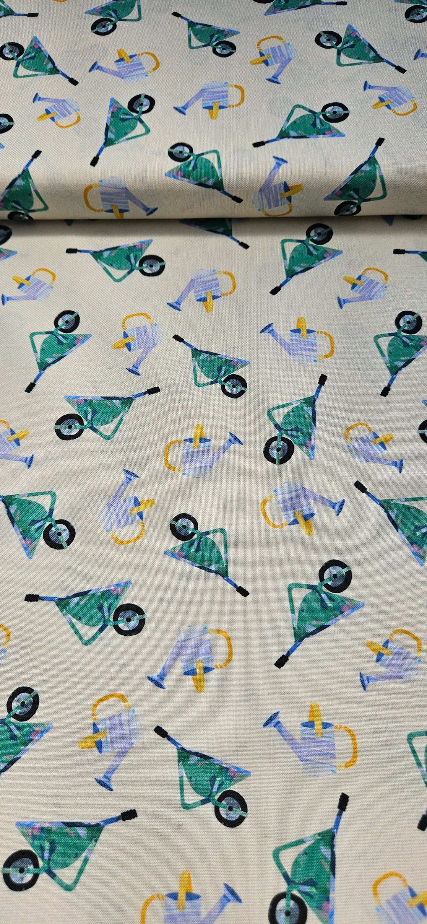 Lewis & Irene Flower Market Collection Wheelbarrows & Watering Cans Cotton Fabric | 100% Premium Quilting Fabric