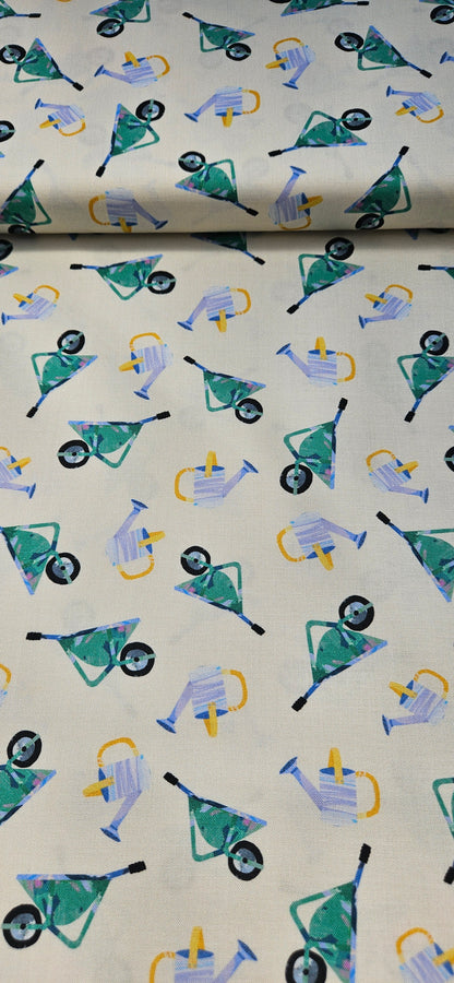 Lewis & Irene Flower Market Collection Wheelbarrows & Watering Cans Cotton Fabric | 100% Premium Quilting Fabric