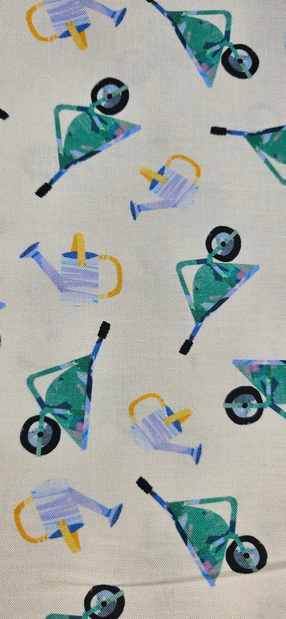 Lewis & Irene Flower Market Collection Wheelbarrows & Watering Cans Cotton Fabric | 100% Premium Quilting Fabric
