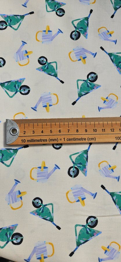 Lewis & Irene Flower Market Collection Wheelbarrows & Watering Cans Cotton Fabric | 100% Premium Quilting Fabric