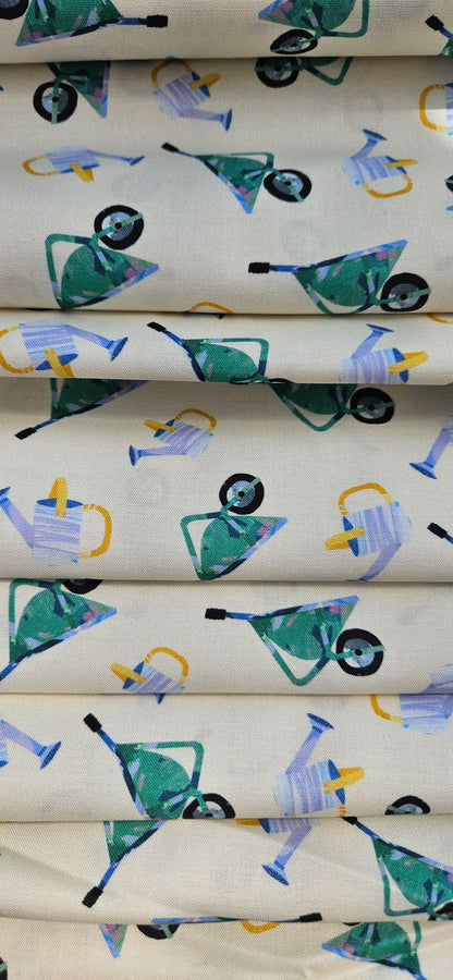 Lewis & Irene Flower Market Collection Wheelbarrows & Watering Cans Cotton Fabric | 100% Premium Quilting Fabric