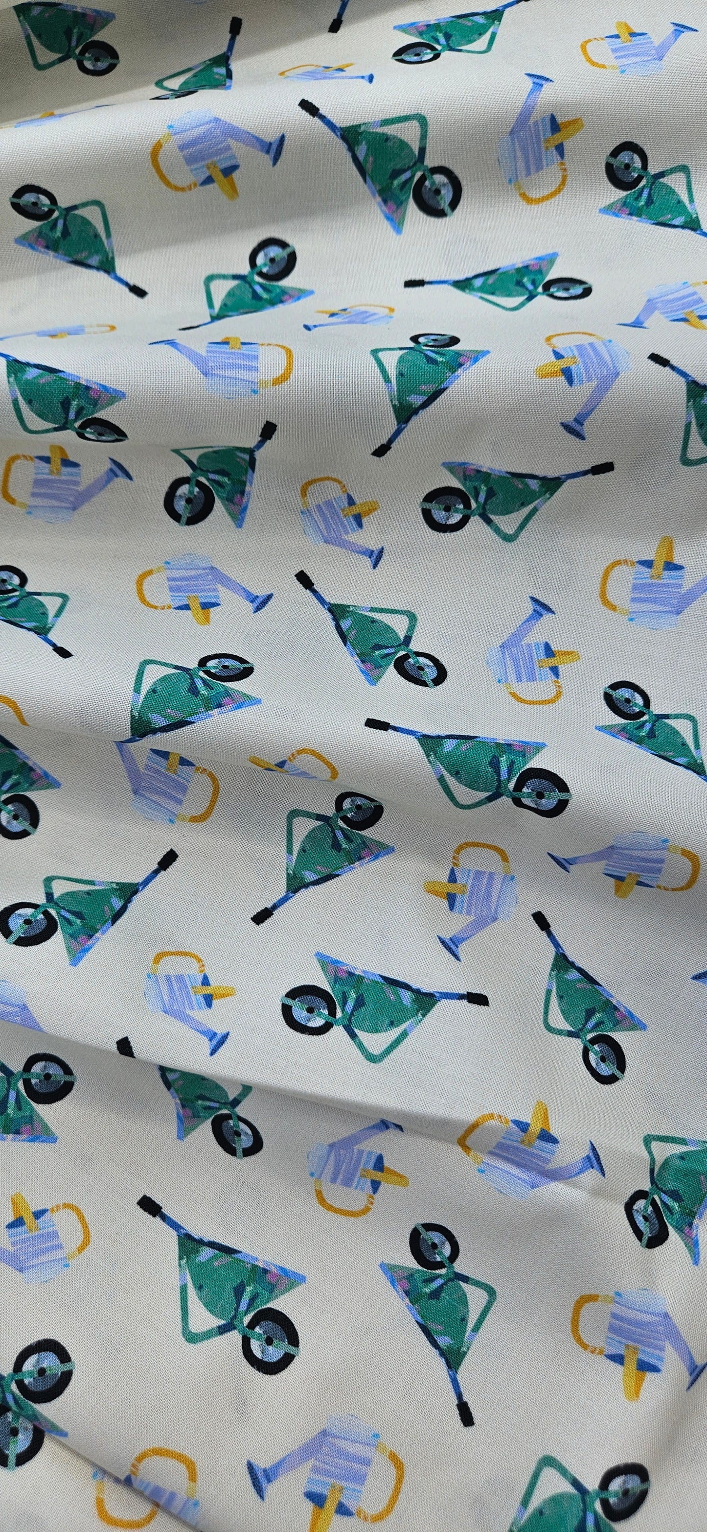 Lewis & Irene Flower Market Collection Wheelbarrows & Watering Cans Cotton Fabric | 100% Premium Quilting Fabric