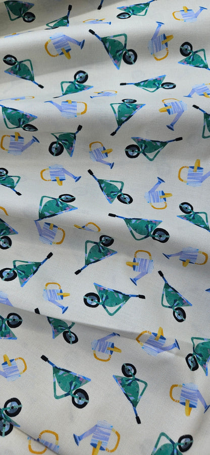 Lewis & Irene Flower Market Collection Wheelbarrows & Watering Cans Cotton Fabric | 100% Premium Quilting Fabric