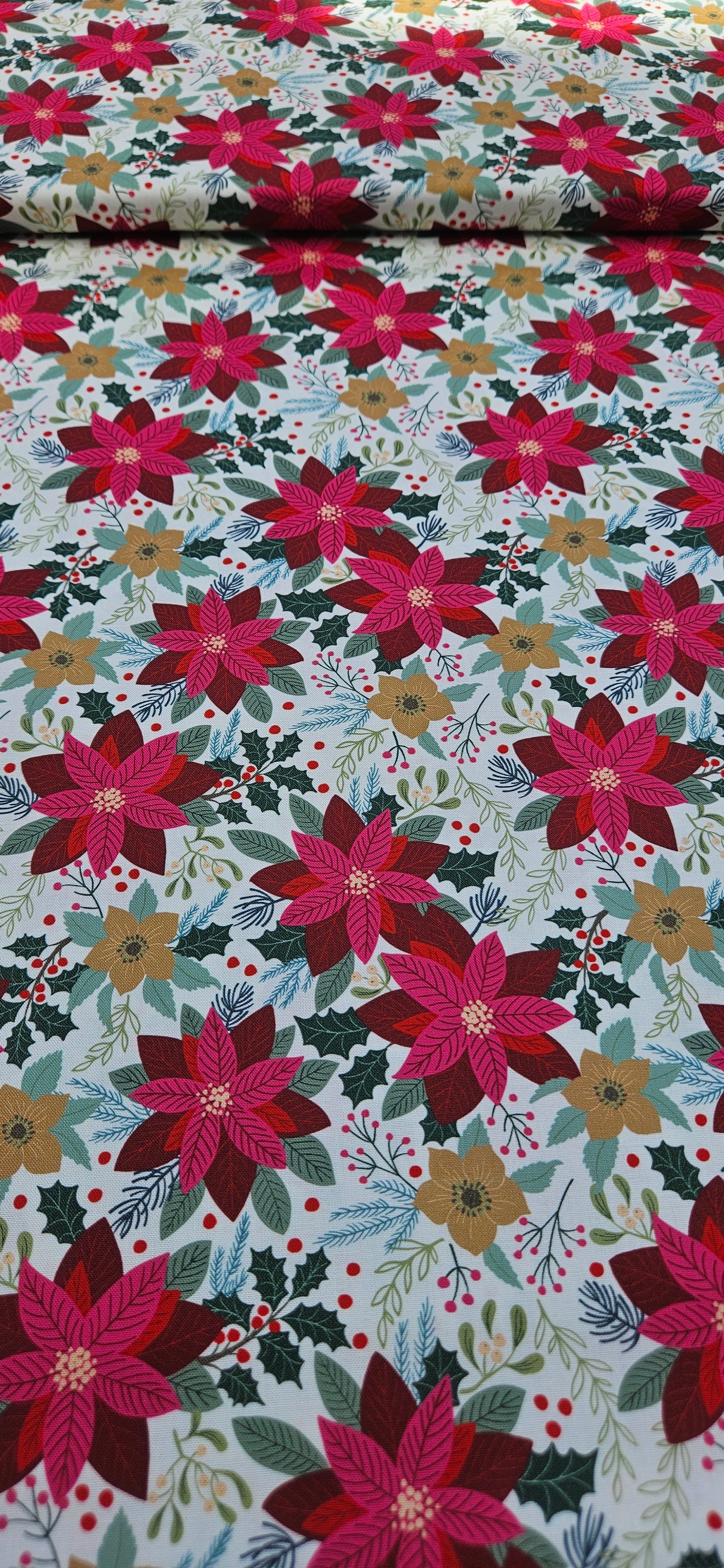 Lewis & Irene All Is Bright Poinsettia on Cream Christmas Cotton Fabric | 100% Premium Quilting Fabric