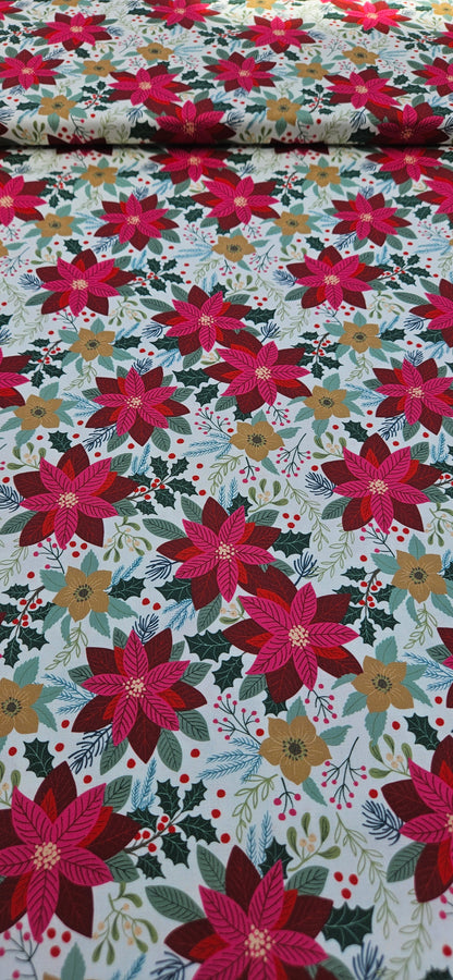 Lewis & Irene All Is Bright Poinsettia on Cream Christmas Cotton Fabric | 100% Premium Quilting Fabric