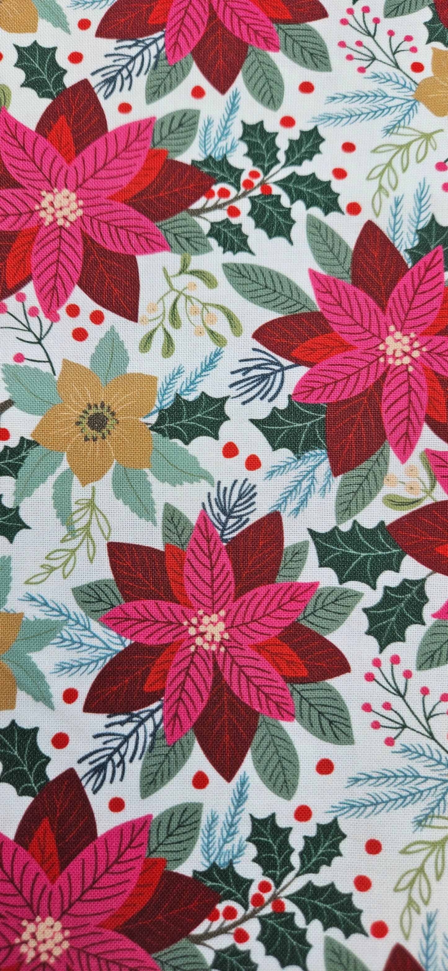 Lewis & Irene All Is Bright Poinsettia on Cream Christmas Cotton Fabric | 100% Premium Quilting Fabric