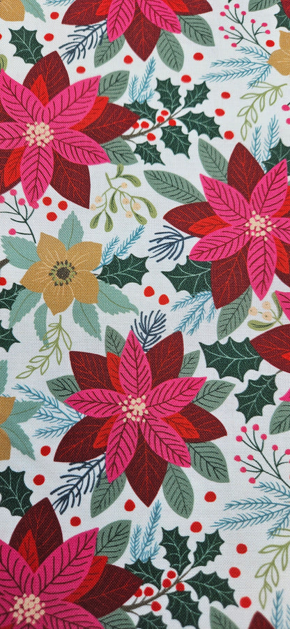 Lewis & Irene All Is Bright Poinsettia on Cream Christmas Cotton Fabric | 100% Premium Quilting Fabric