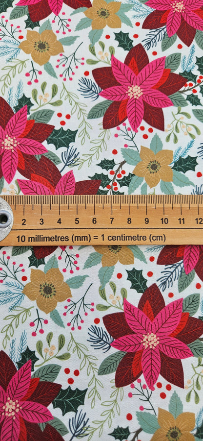 Lewis & Irene All Is Bright Poinsettia on Cream Christmas Cotton Fabric | 100% Premium Quilting Fabric