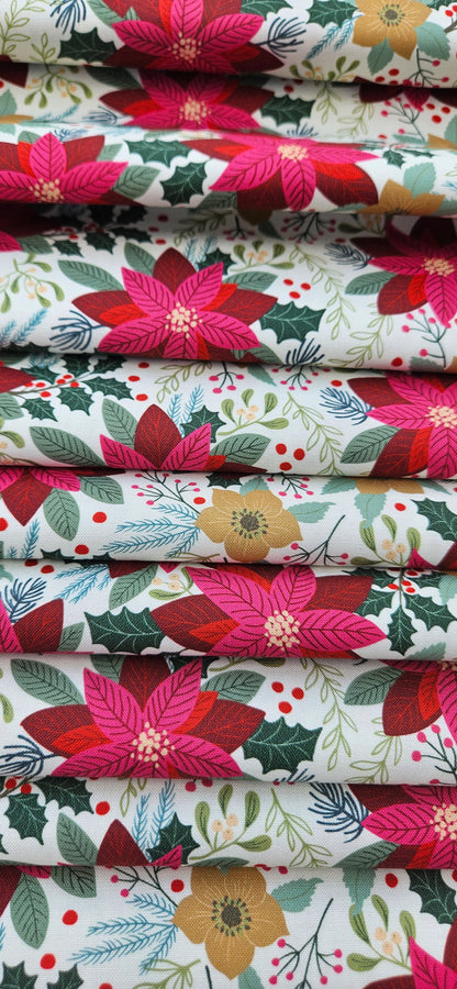 Lewis & Irene All Is Bright Poinsettia on Cream Christmas Cotton Fabric | 100% Premium Quilting Fabric