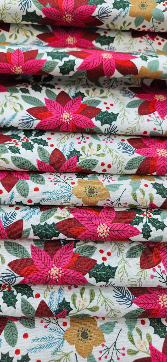 Lewis & Irene All Is Bright Poinsettia on Cream Christmas Cotton Fabric | 100% Premium Quilting Fabric