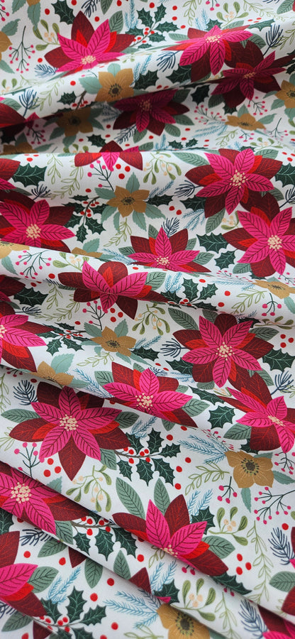 Lewis & Irene All Is Bright Poinsettia on Cream Christmas Cotton Fabric | 100% Premium Quilting Fabric