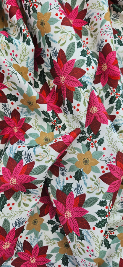 Lewis & Irene All Is Bright Poinsettia on Cream Christmas Cotton Fabric | 100% Premium Quilting Fabric