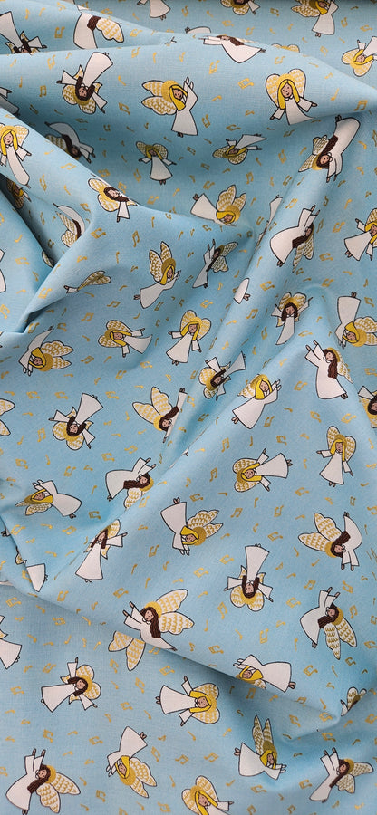 Lewis & Irene - Celestial Blue with Gold MetallicLewis & Irene Away in a Manger Celestial Blue with Gold Metallic Cotton Fabric | 100% Premium Christmas Quilting Fabric