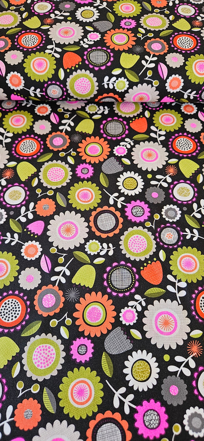 Lewis & Irene Inflorescence – Dark Sketchbook Flowers with Pink Neon Cotton Fabric | 100% Premium Quilting Cotton