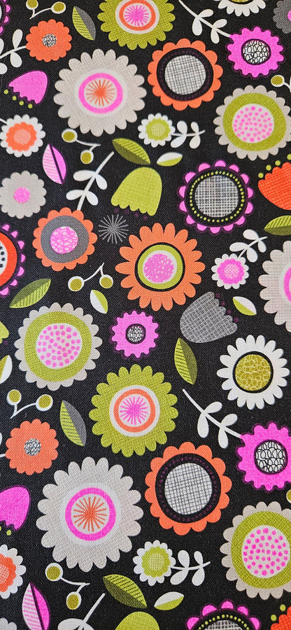 Lewis & Irene Inflorescence – Dark Sketchbook Flowers with Pink Neon Cotton Fabric | 100% Premium Quilting Cotton