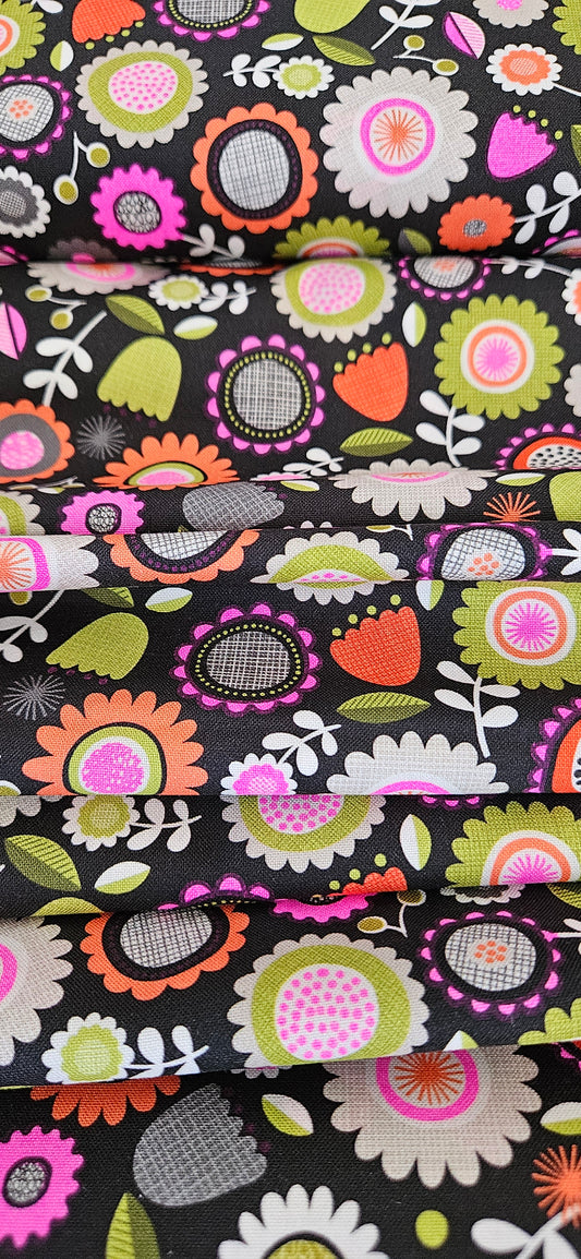 Lewis & Irene Inflorescence Dark Sketchbook Flowers with Pink Neon premium quilting cotton fabric.